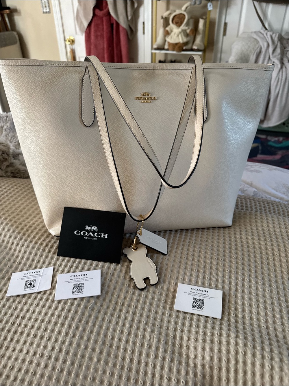 Coach Cream Pebble Leather Tote with Charm